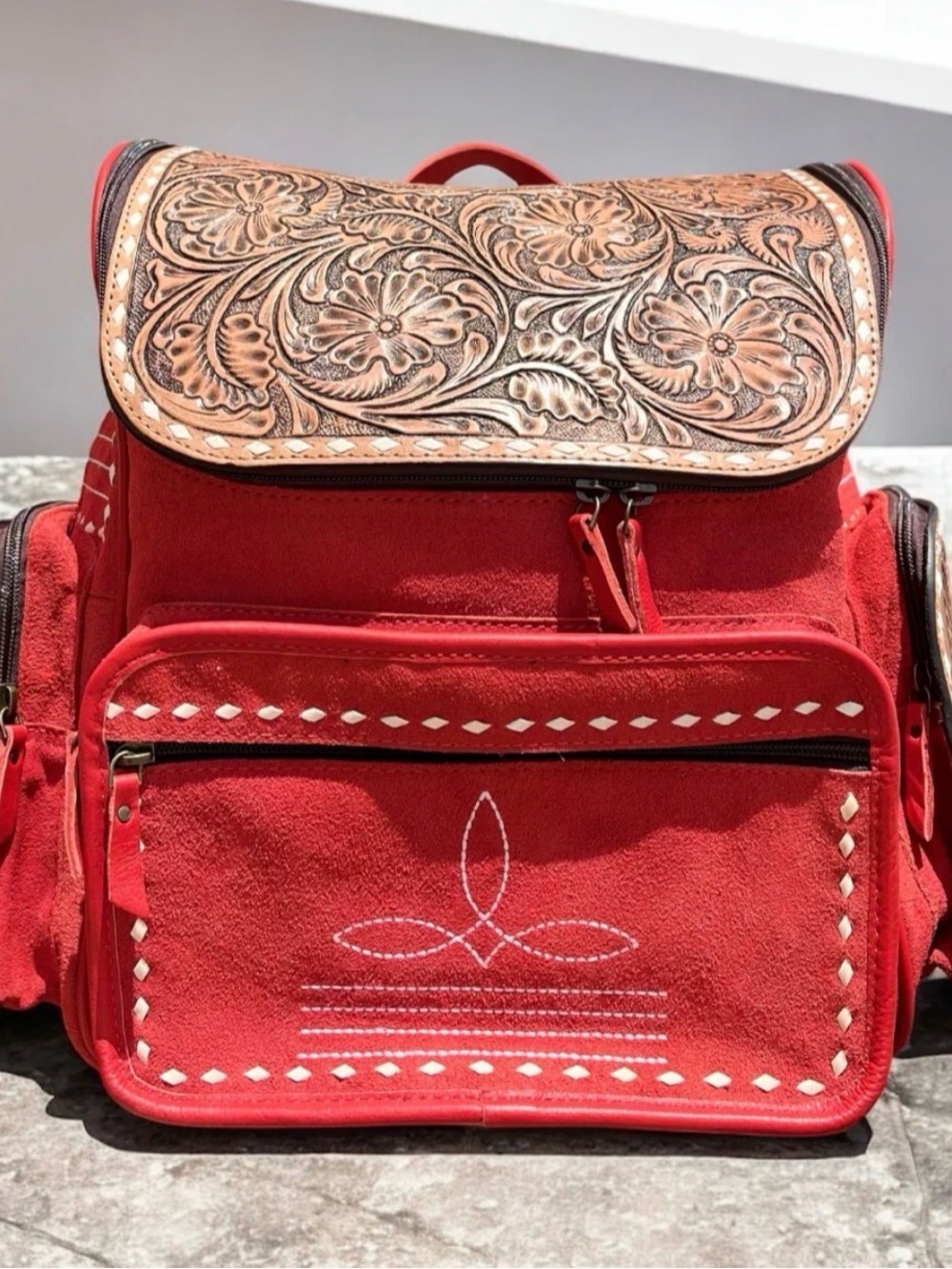 Red Suede Backpack with Tooled Leather Flap